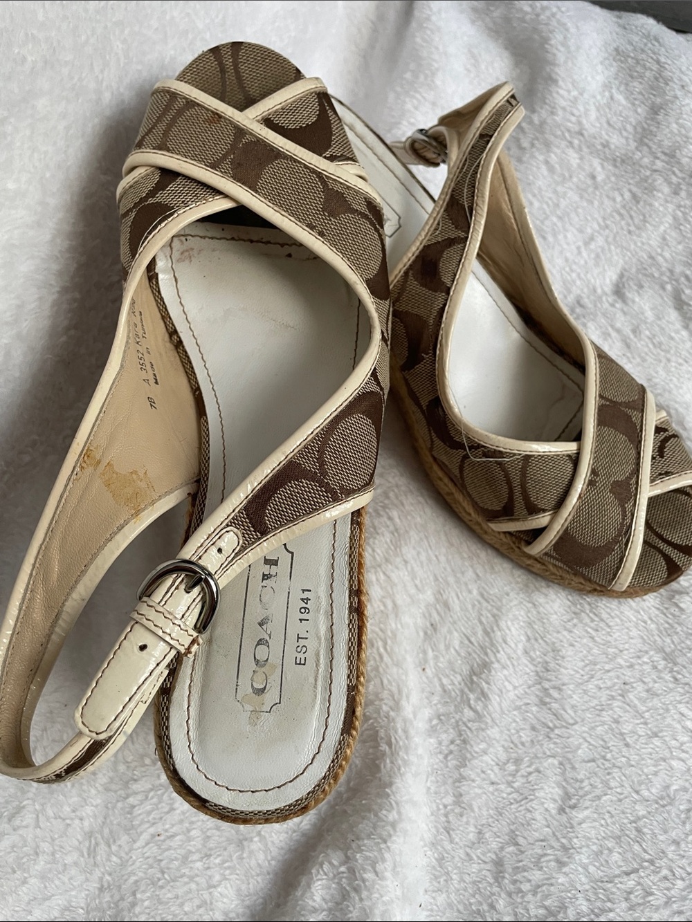 Coach Beige and Brown Signature Canvas Wedge Sandals - Picture 4 of 7